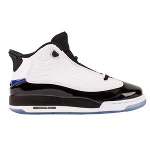 Air Jordon Dub Zero Gs white black blue leather, patent leather sneakers 6.5y